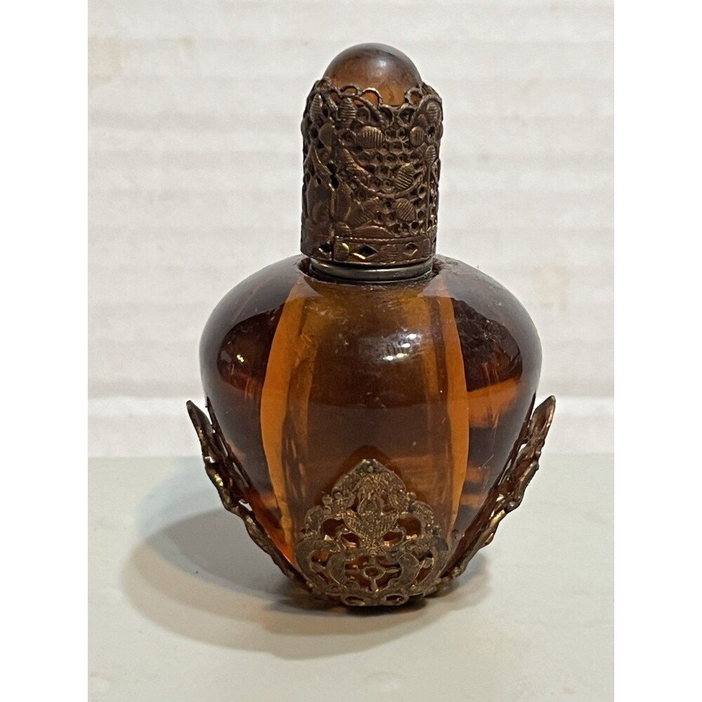 Vintage Art Deco Amber Glass Gold Filigree 3” Table Lighter. RARE